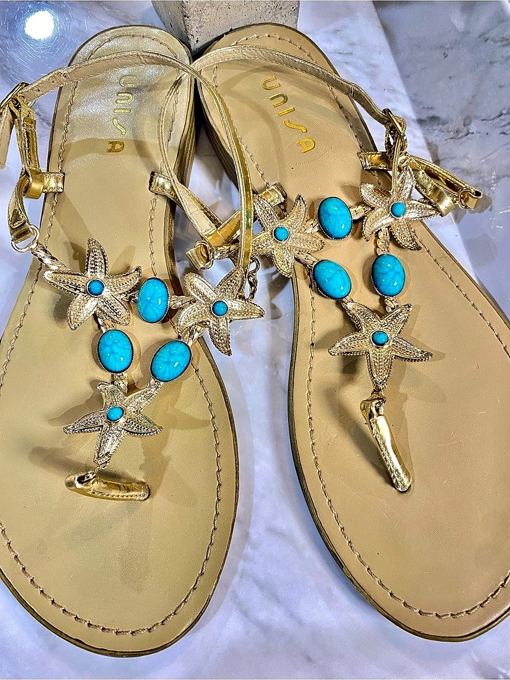 UNISA Star Sandals in Gold & Turquoise Sz 9 EUC